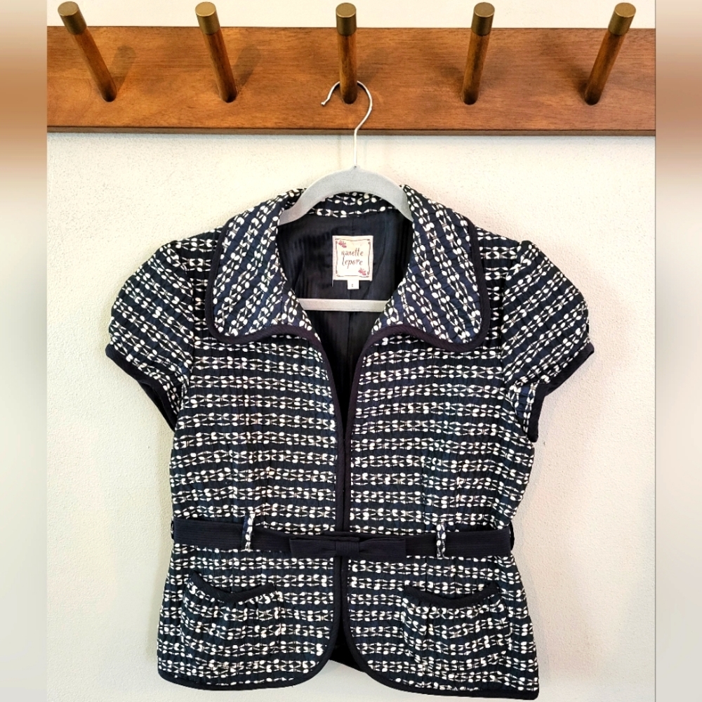 Nanette Lepore Cropped Puff-Sleeve Suit Jacket | Navy Blue and White